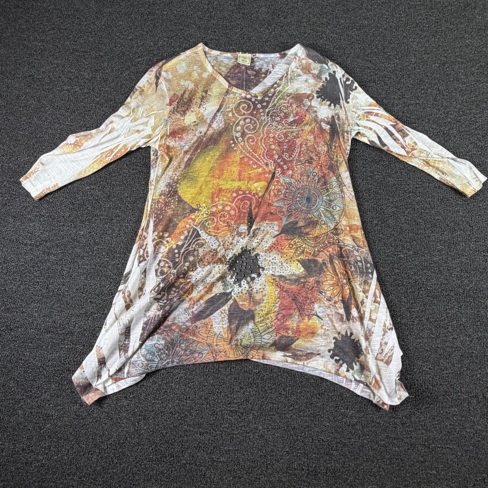 Jess & Jane Tunic Top Womens M Boho Abstract Floral Multi Sharkbite EUC